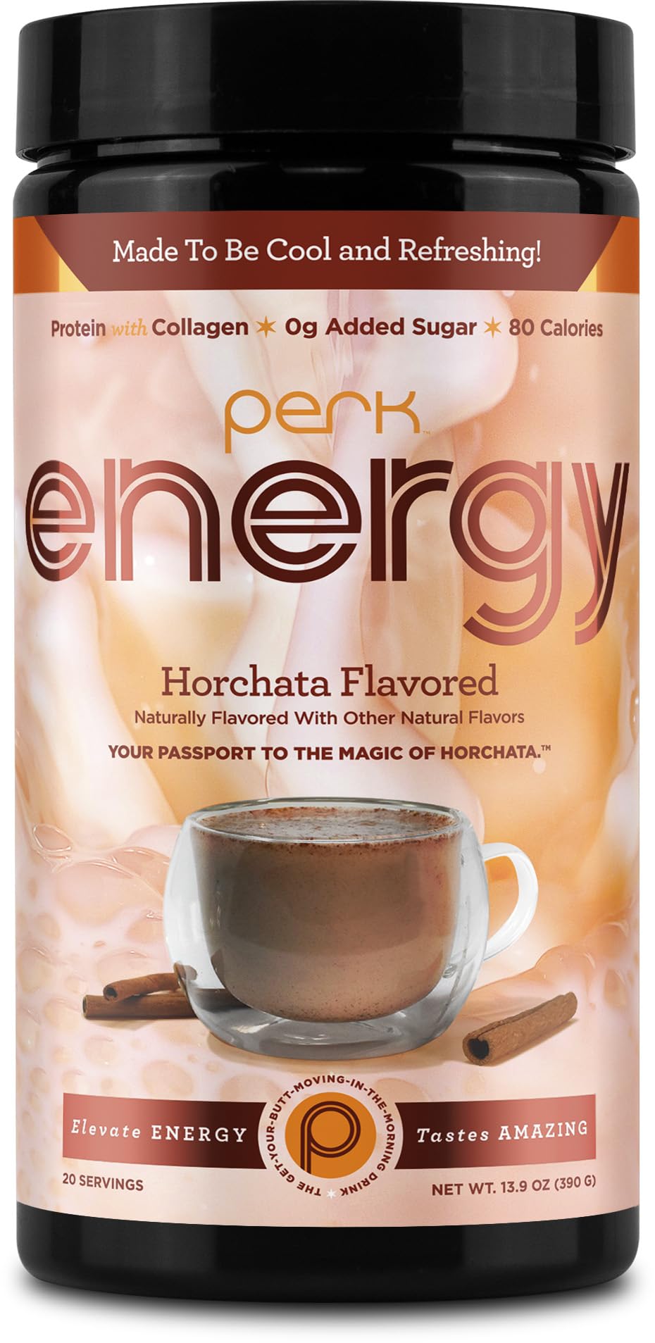 Perk Energy Horchata powder tub shows flavor and texture for a refreshing energy boost