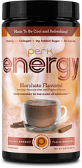 Perk Energy Horchata powder tub shows flavor and texture for a refreshing energy boost