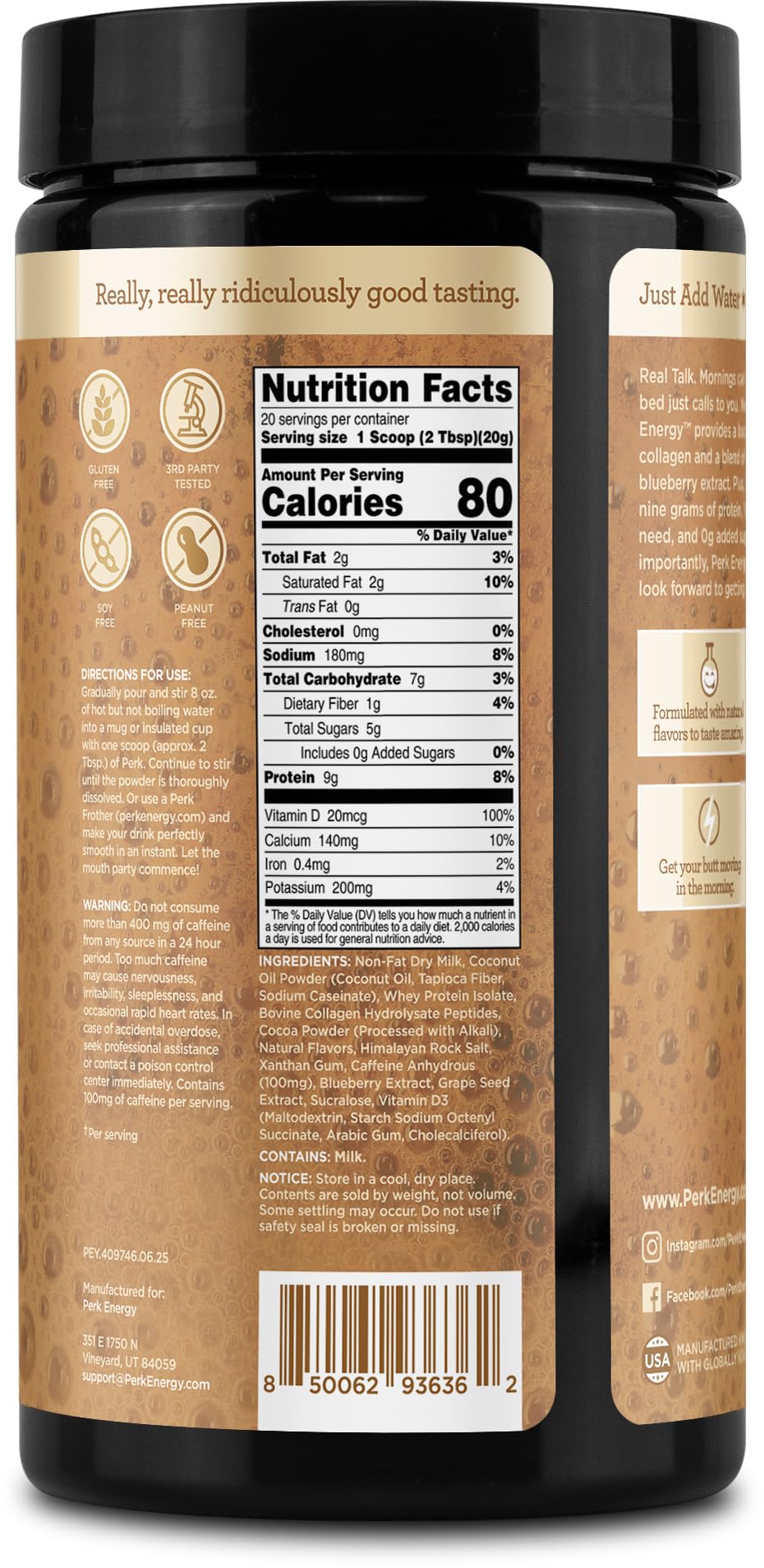 Perk Energy Tan Mocha Latte foam topping enhances texture.