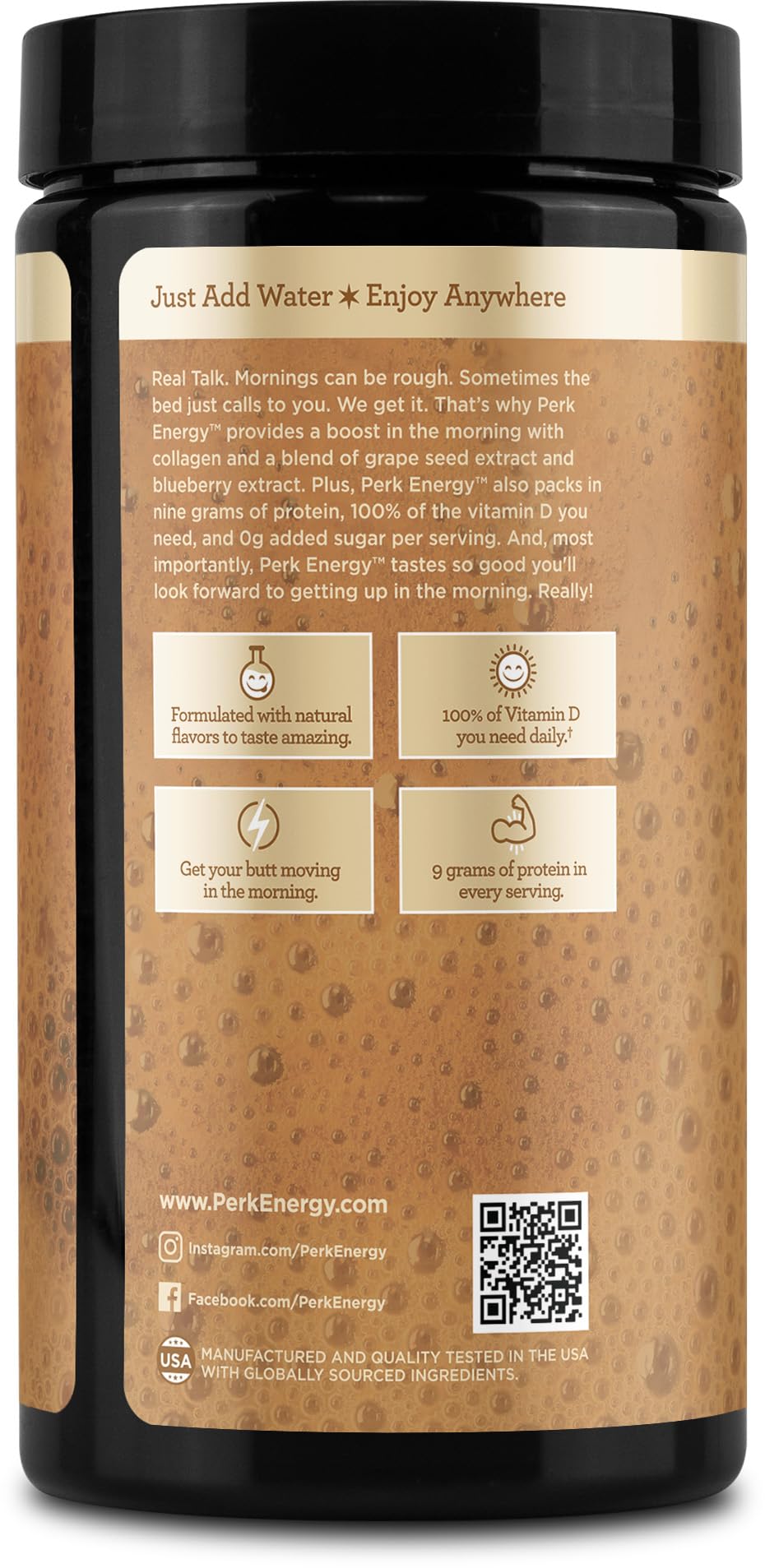 Perk Energy Tan Mocha Latte mixing jar ensures a smooth blend.