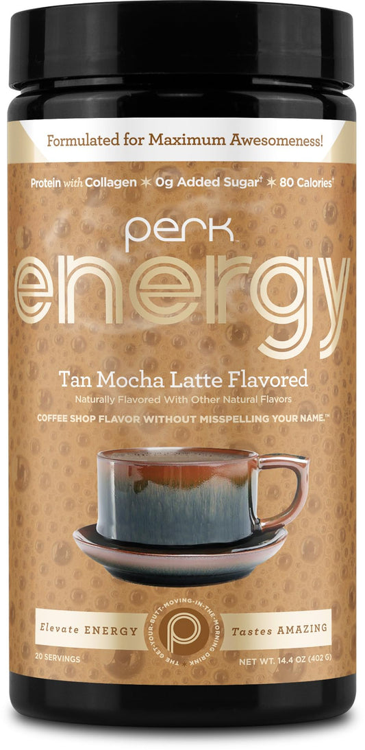 Perk Energy Tan Mocha Latte packet for on-the-go protein boost.