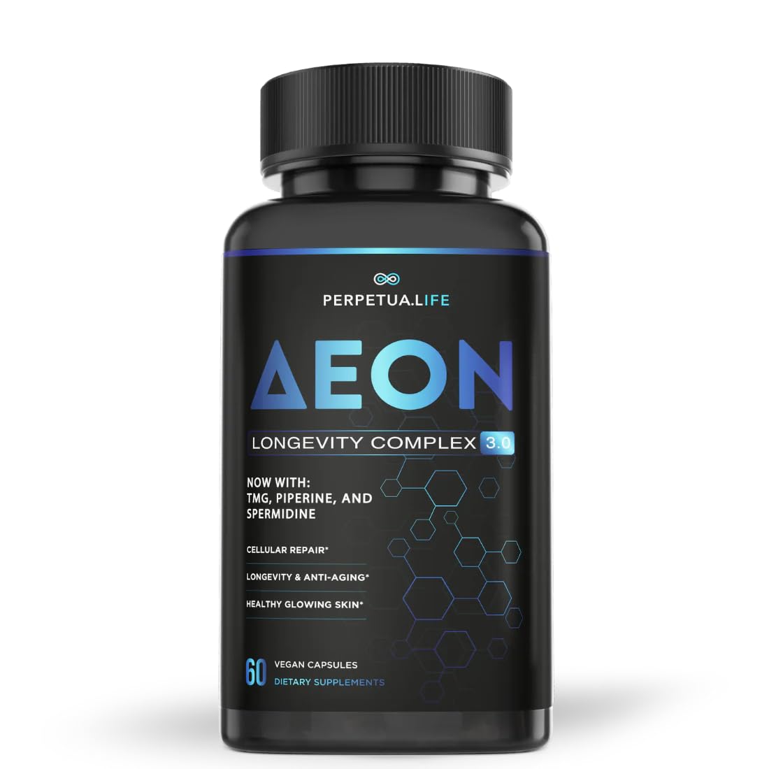 PERPETUA.LIFE AEON bottle with capsules for daily wellness on the go.