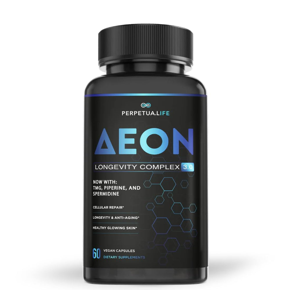 PERPETUA.LIFE AEON bottle with capsules for daily wellness on the go.