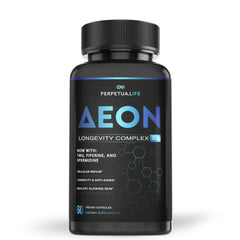 PERPETUA.LIFE AEON bottle with capsules for daily wellness on the go.