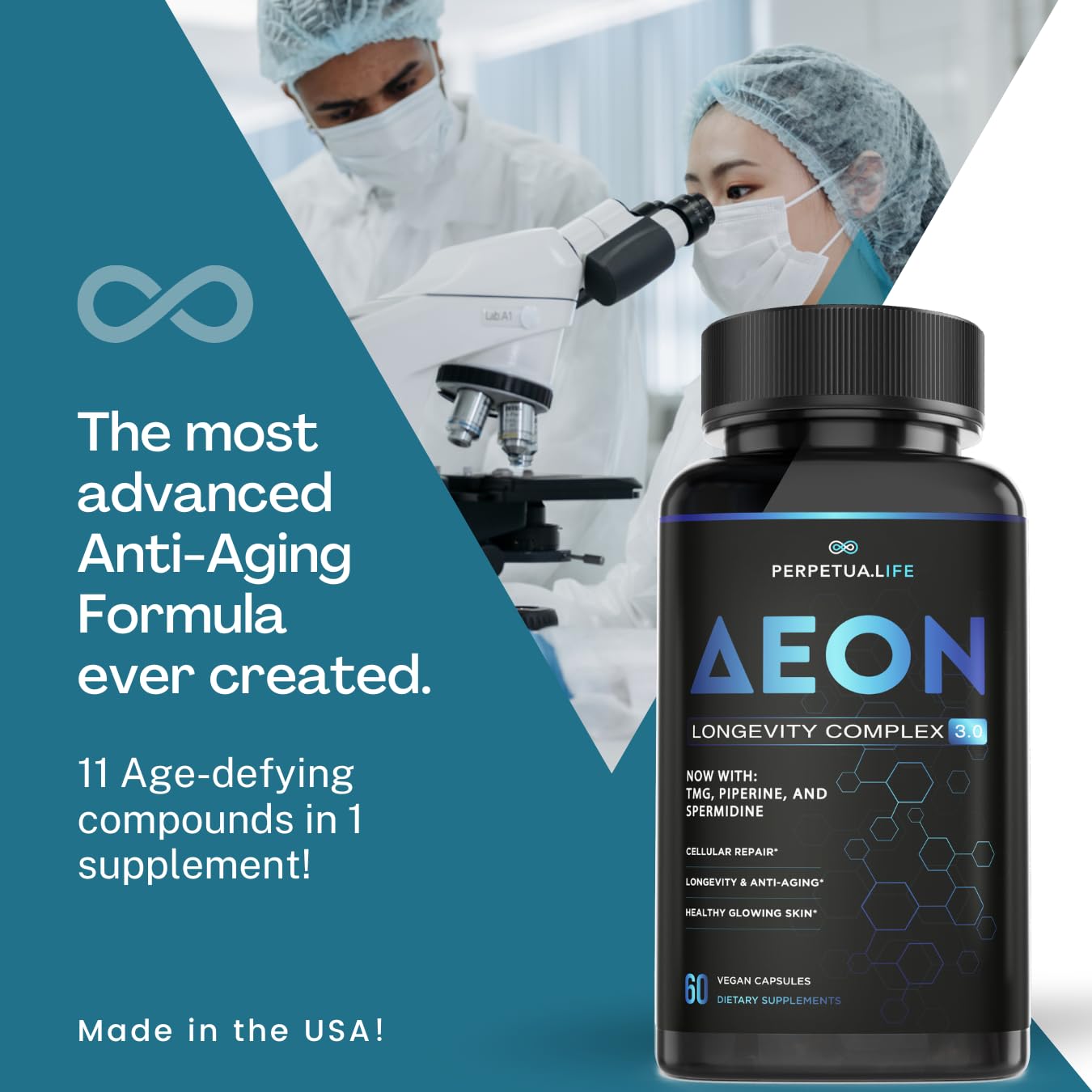 AEON label design highlighting longevity blend for balanced wellness.