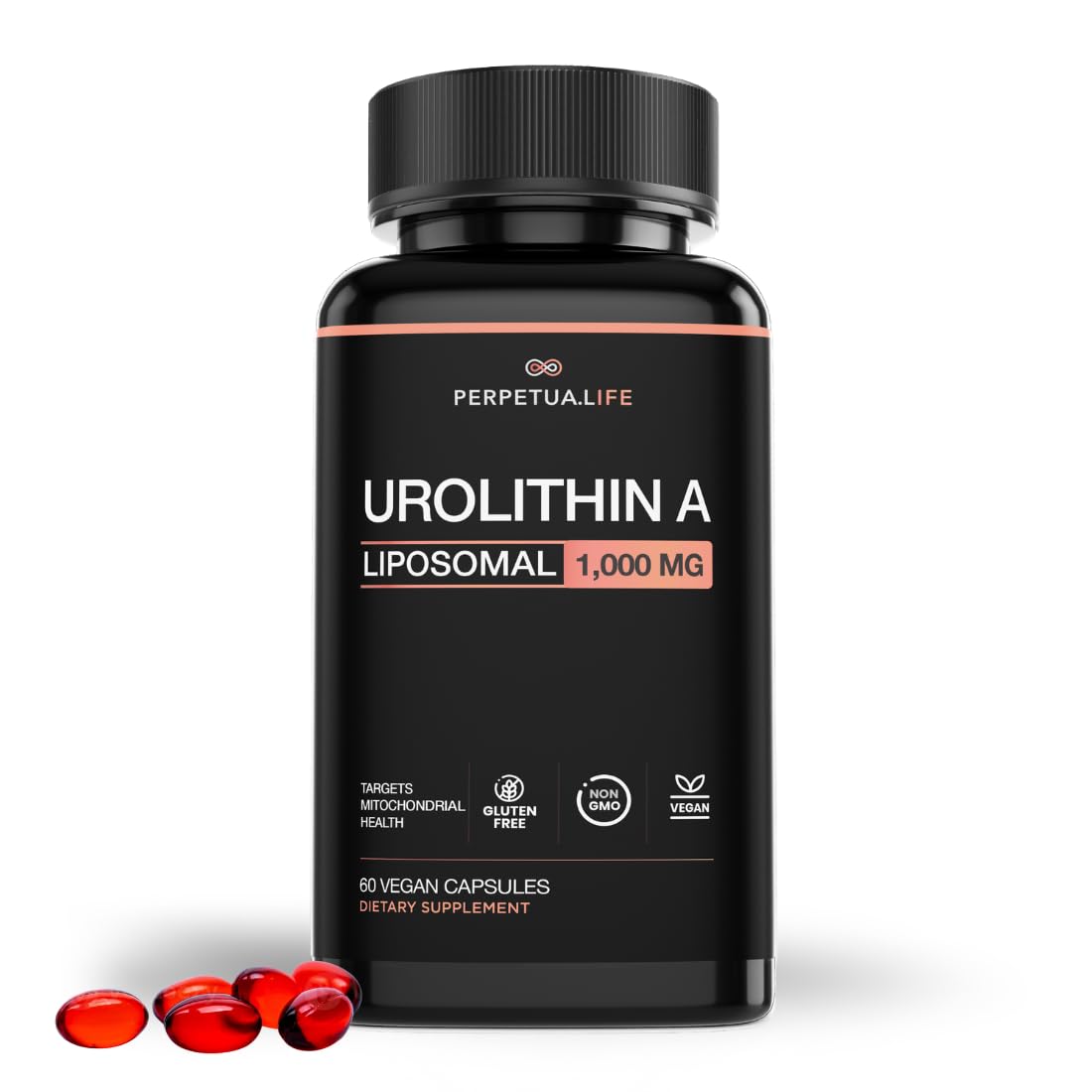 Perpetua Life Urolithin A Liposomal 1000mg bottle on white background for clean supplementation.