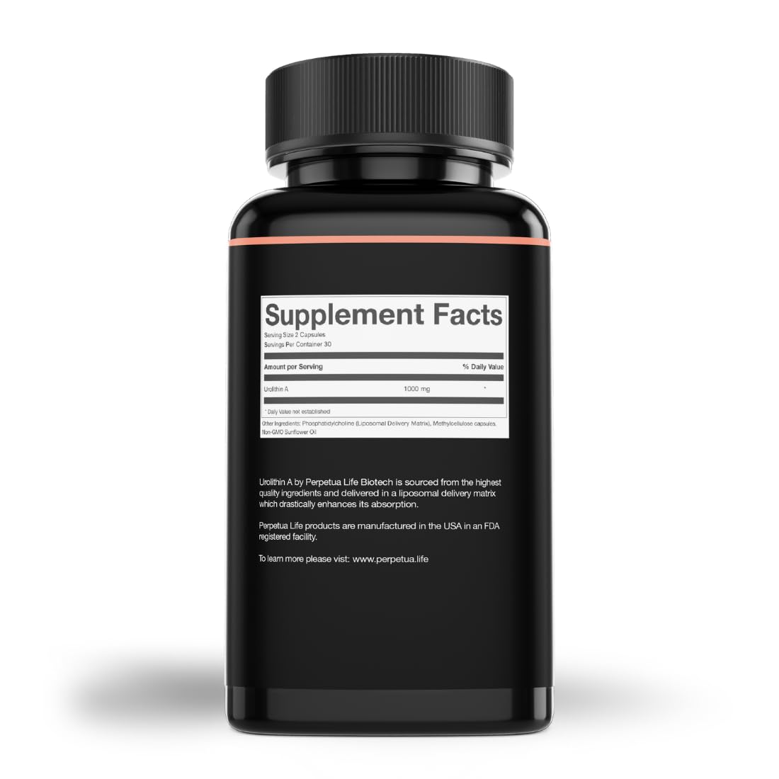 Perpetua Life Urolithin A Liposomal capsules close-up showing smooth vegan capsules.
