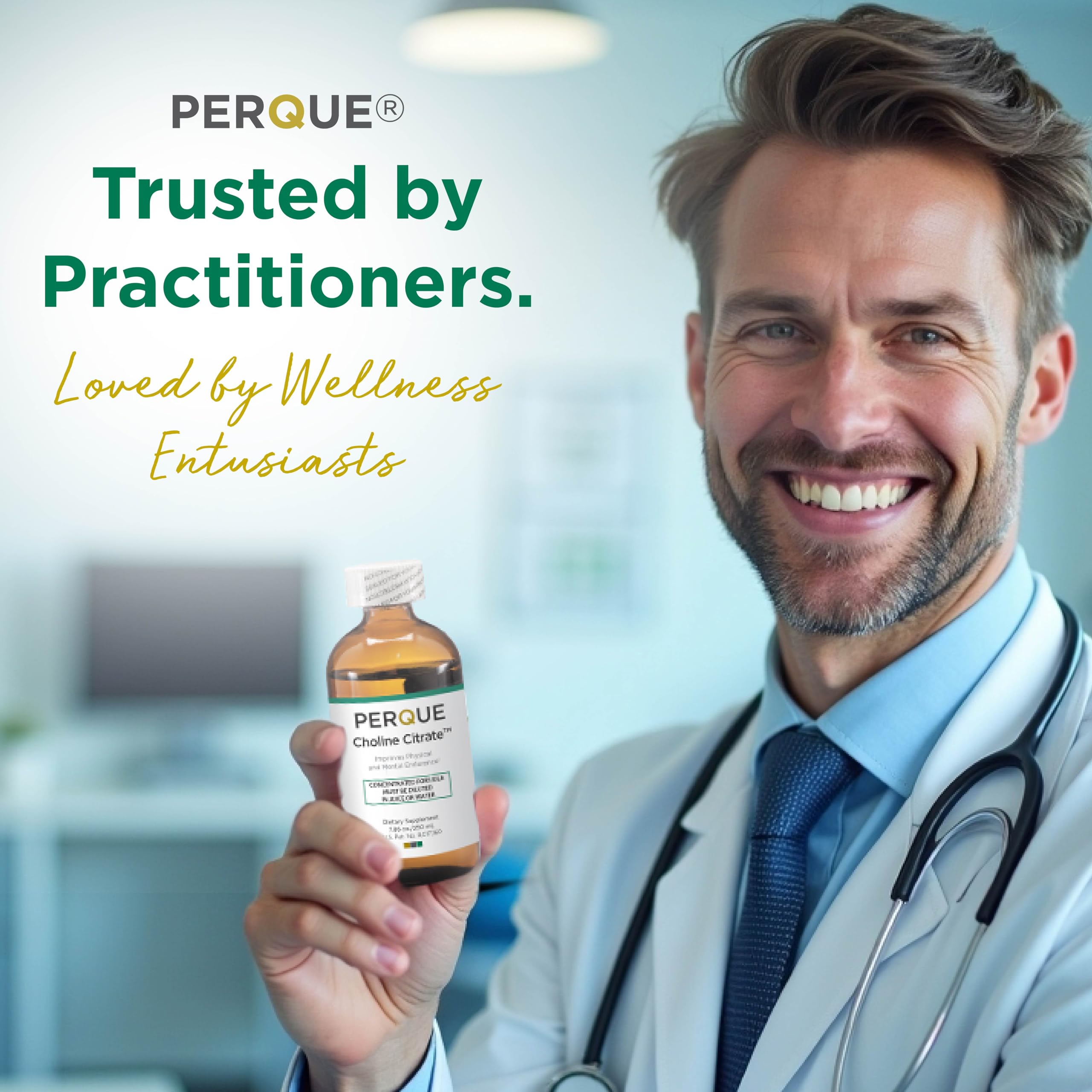 PERQUE Choline Citrate label closeup emphasizes purity and formulation.
