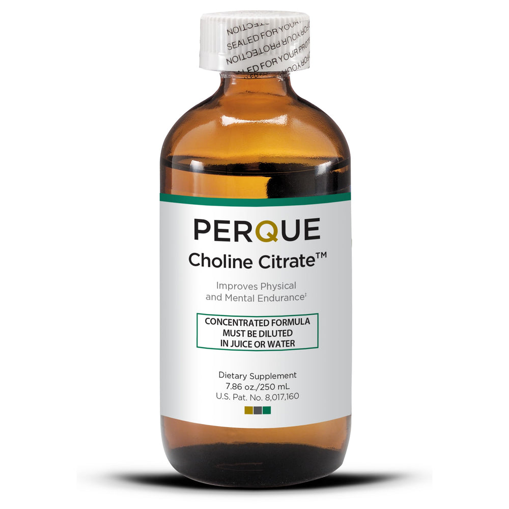 PERQUE Choline Citrate bottle view highlighting its liquid purity for easy dosing.