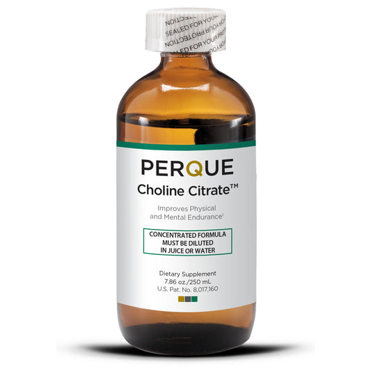 PERQUE Choline Citrate bottle view highlighting its liquid purity for easy dosing.