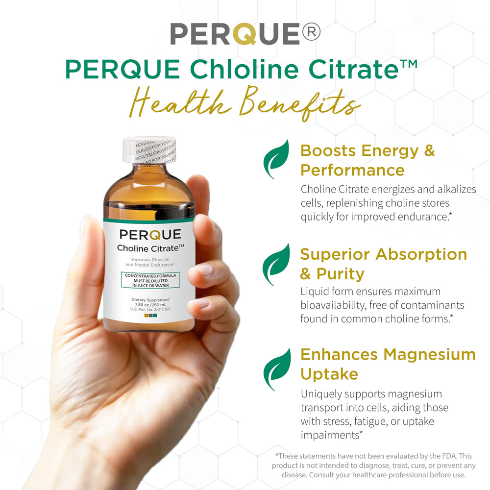 PERQUE Choline Citrate liquid pour shows easy, on-the-go dosing.