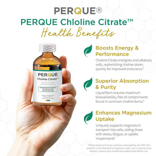 PERQUE Choline Citrate liquid pour shows easy, on-the-go dosing.