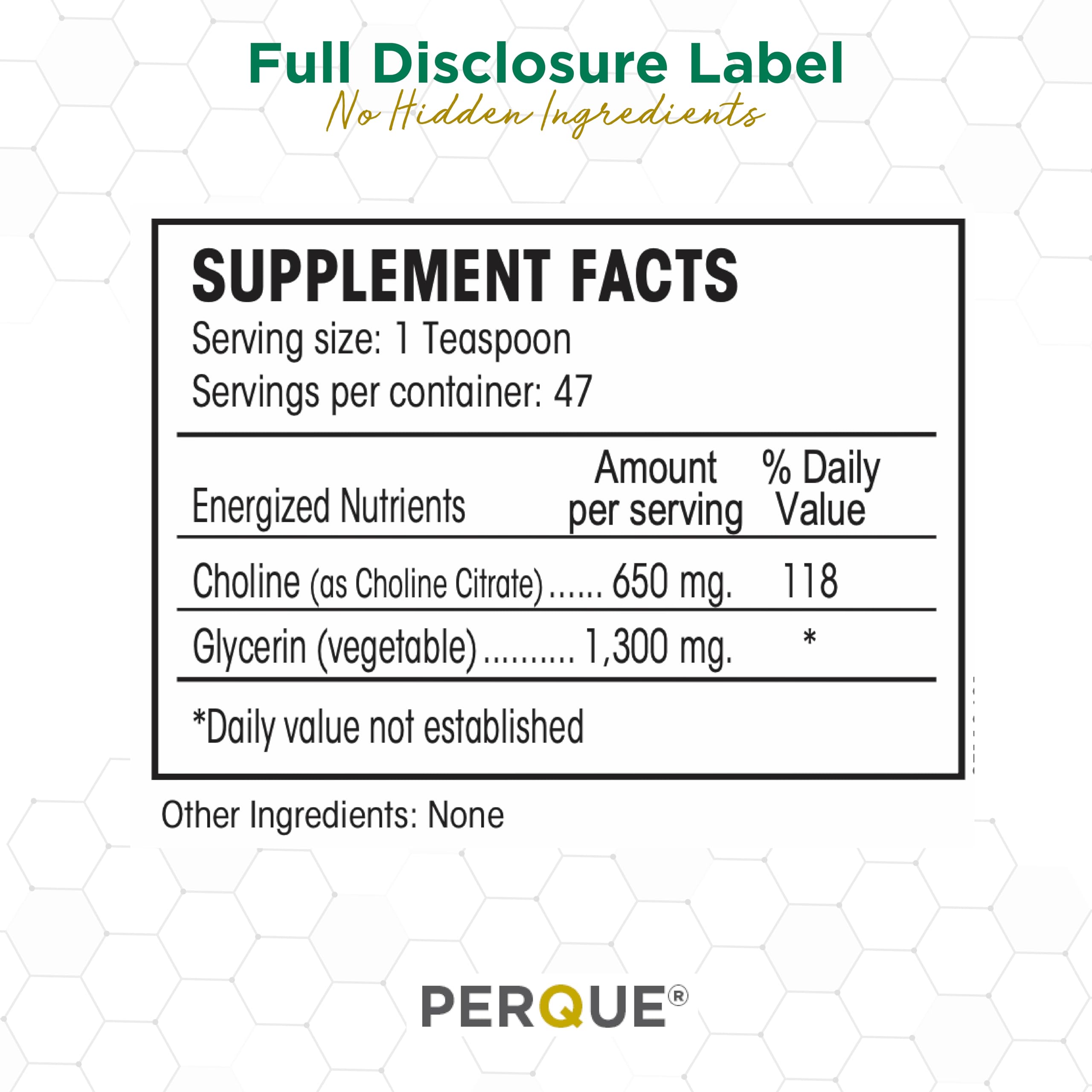 PERQUE Choline Citrate packaging showcases contaminant-free liquid formula.