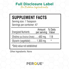 PERQUE Choline Citrate packaging showcases contaminant-free liquid formula.
