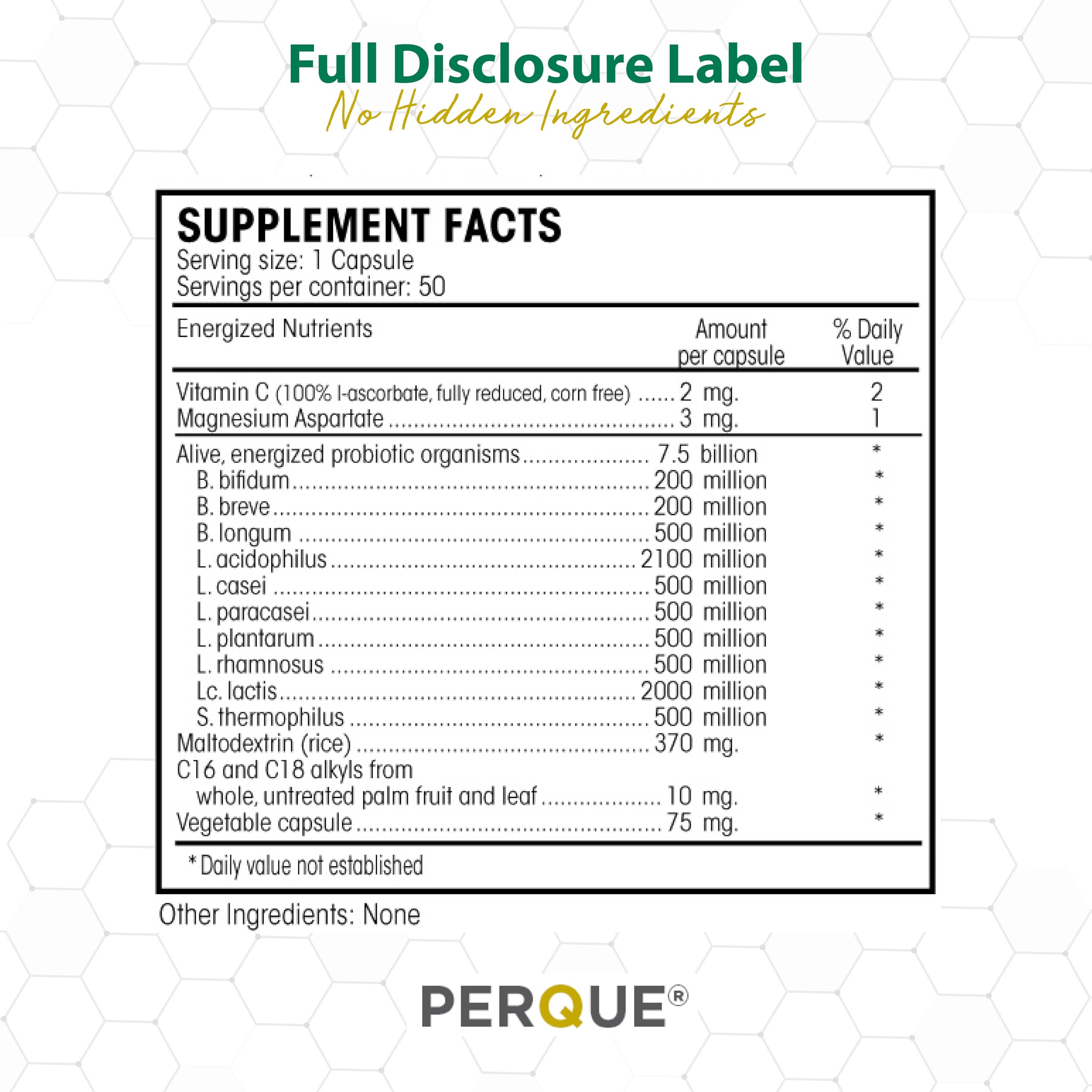 PERQUE Digesta Guard Forte ingredient panel with vitamins and probiotics