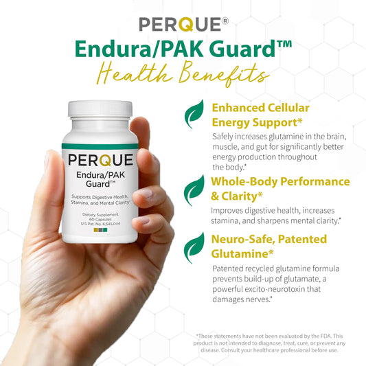 PERQUE Endura/Pak Guard capsules close-up showing pill form for muscle support