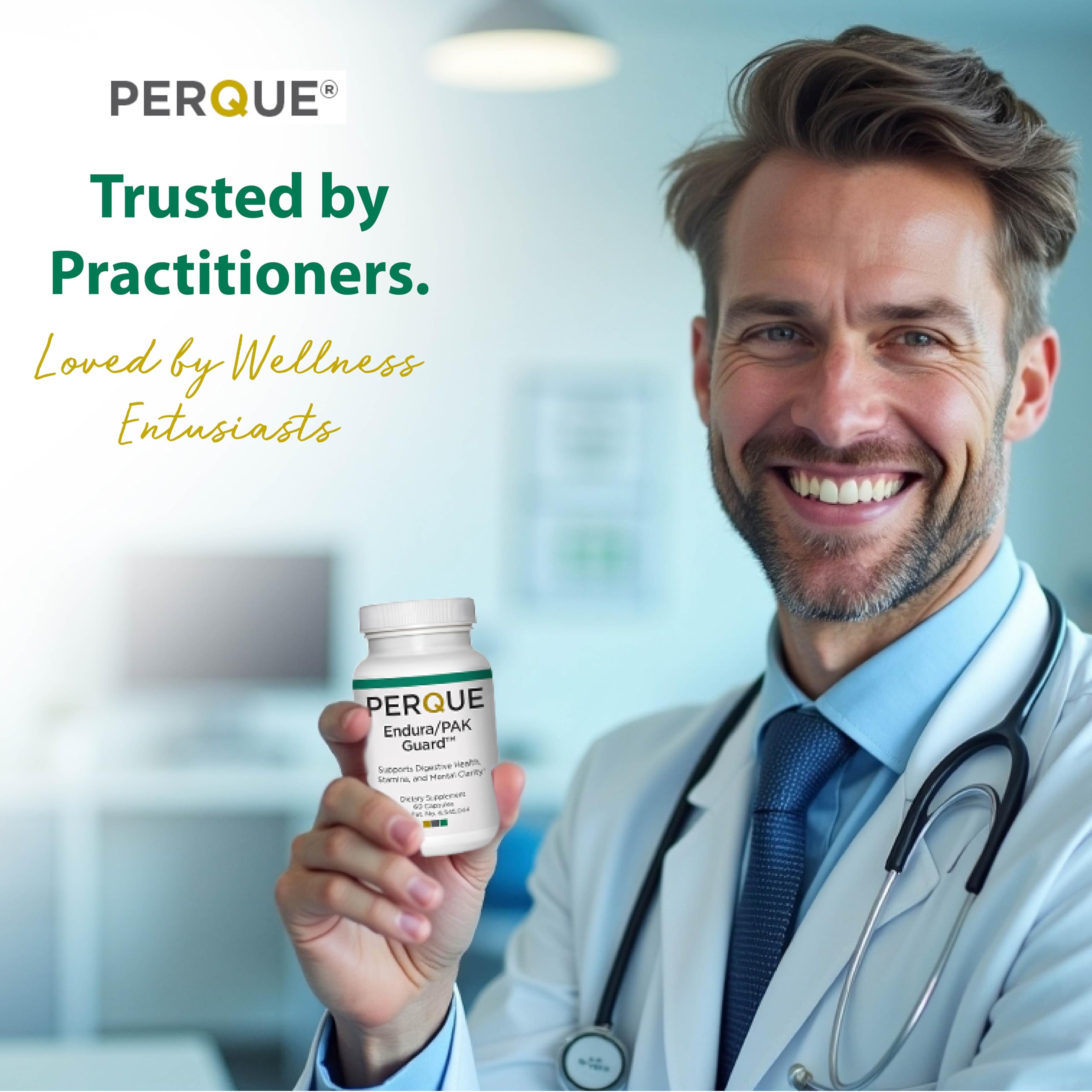 PERQUE Endura/Pak Guard label highlights purity and gluten-free vegetarian formula