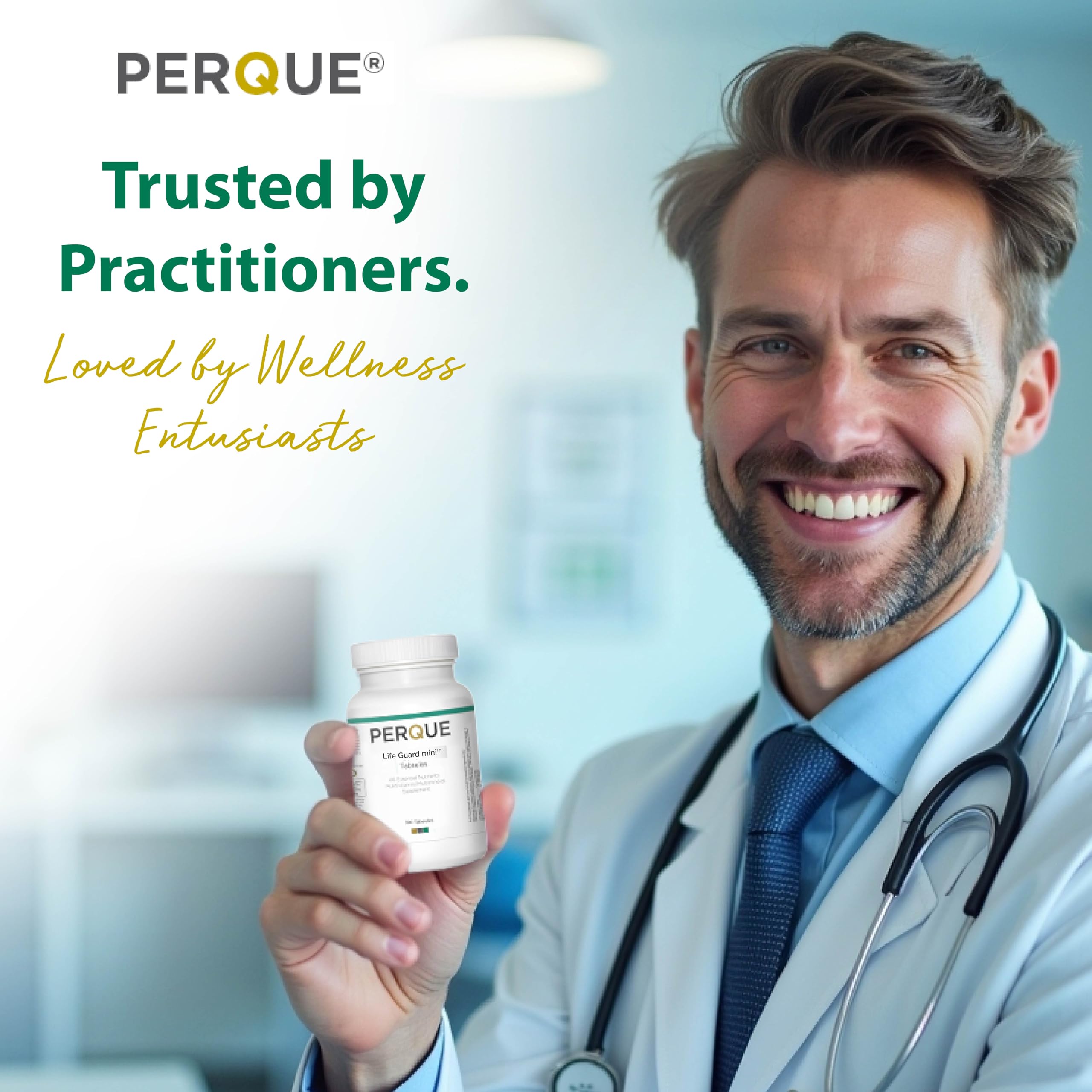 PERQUE Life Guard Mini Tabsules capsules close-up for easy swallow design.