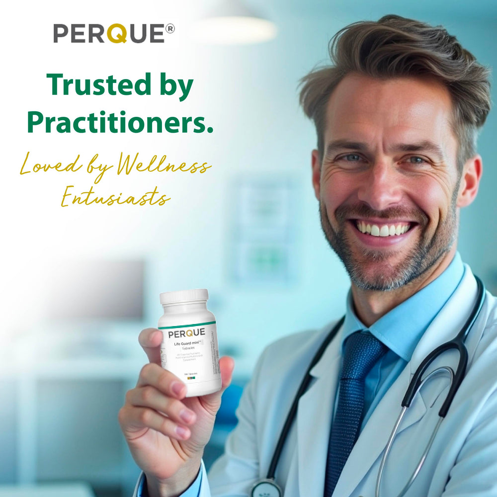 PERQUE Life Guard Mini Tabsules capsules close-up for easy swallow design.