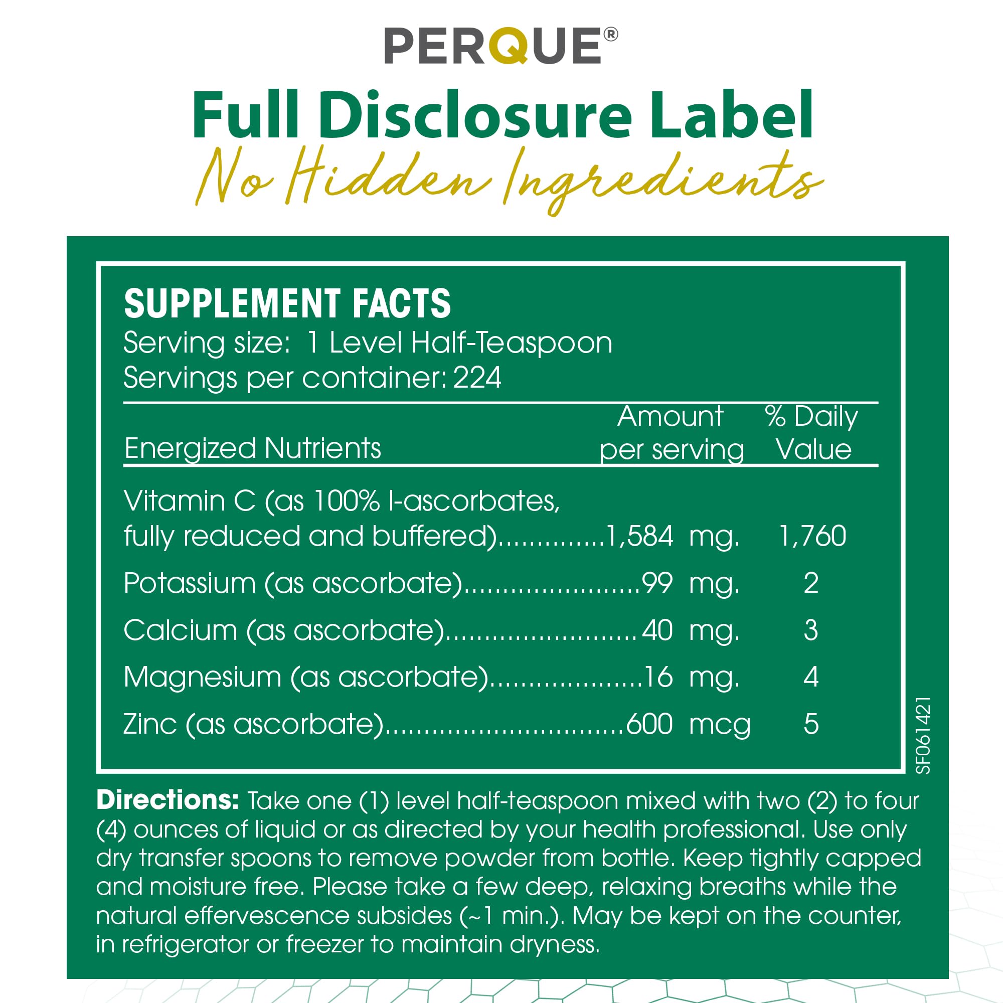 PERQUE Mineral blend includes magnesium, potassium, zinc, and calcium