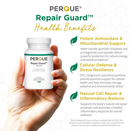 PERQUE Repair Guard bottle back shows ingredients supporting energy metabolism.
