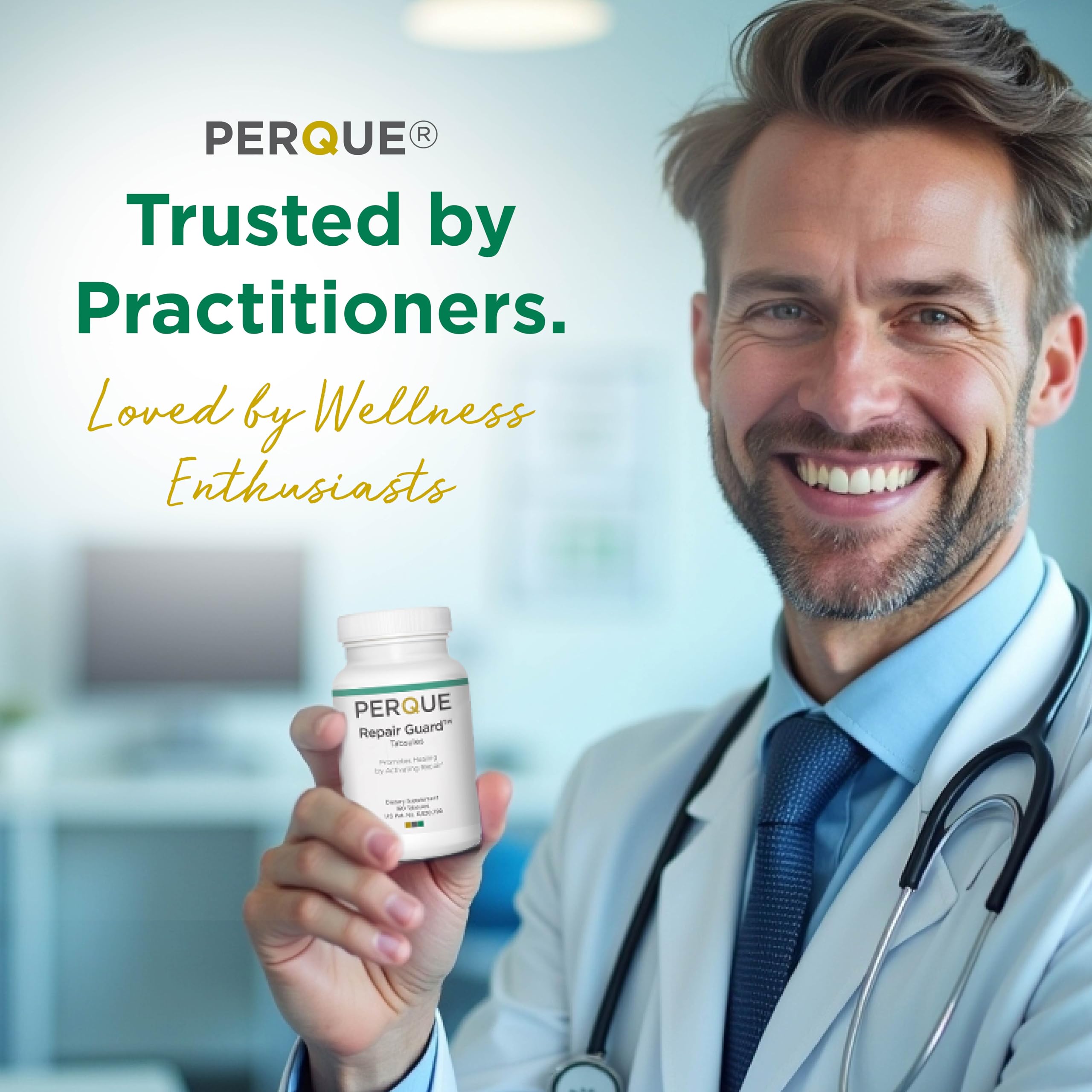 PERQUE Repair Guard tabs closeup emphasizes tablet form for daily use.