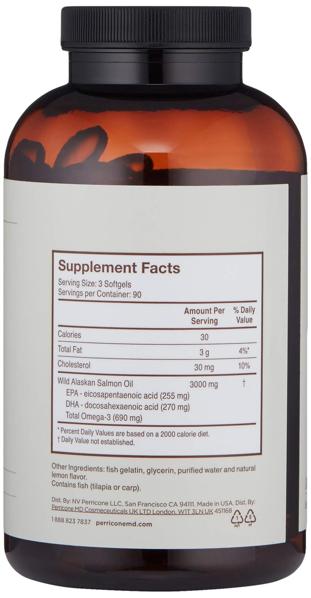 Perricone MD Omega-3 bottle beside a glass of water for easy ingestion.