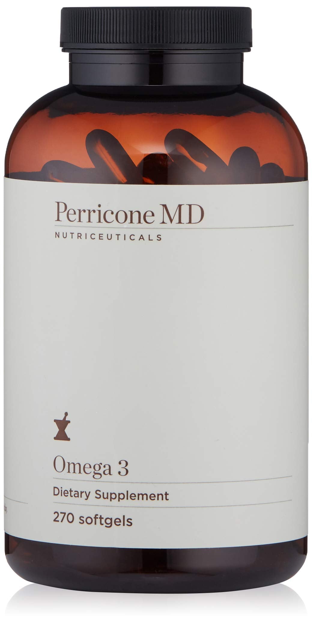 Perricone MD Omega-3 bottle with softgel capsules for daily wellness.