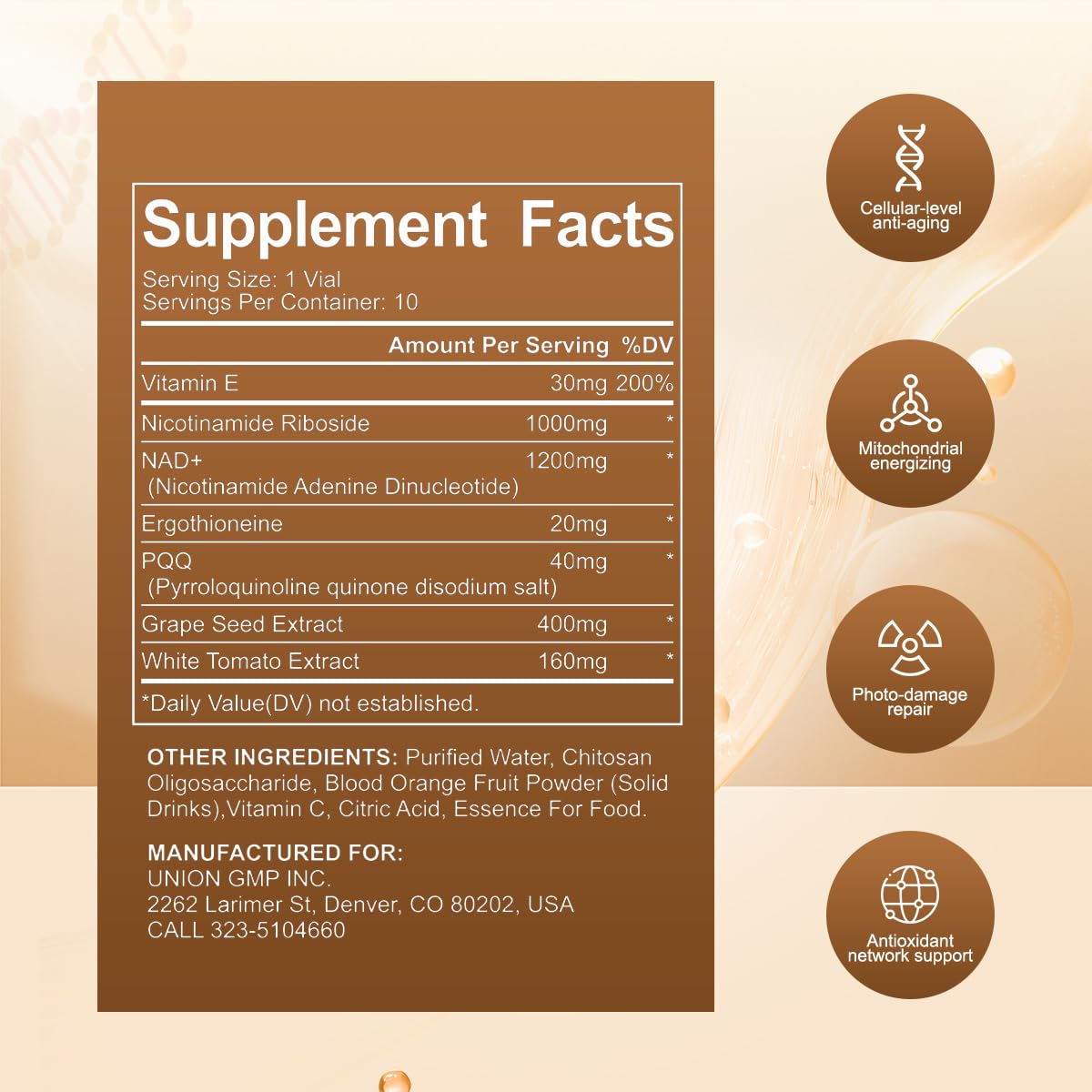 Perseek NAD+ ingredients flask illustrating antioxidant components.
