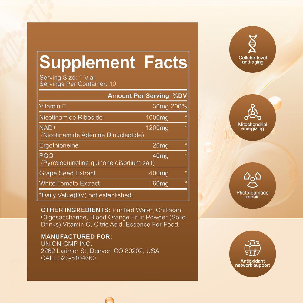Perseek NAD+ ingredients flask illustrating antioxidant components.