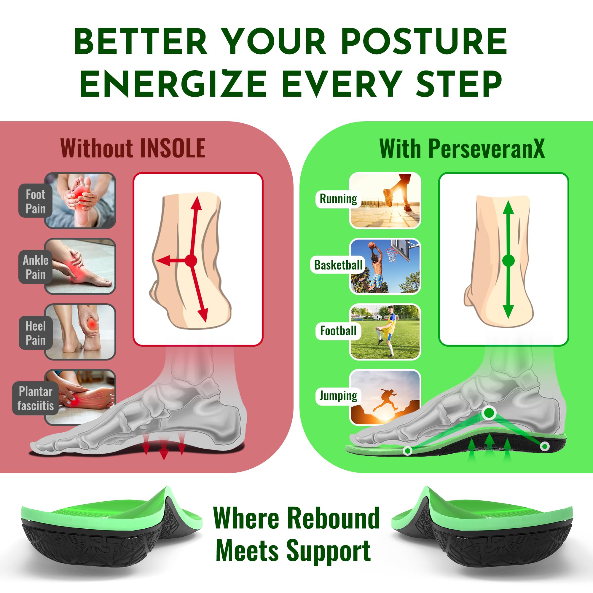 PerseveranX insoles showcase energy-return cushioning for an energized stride.