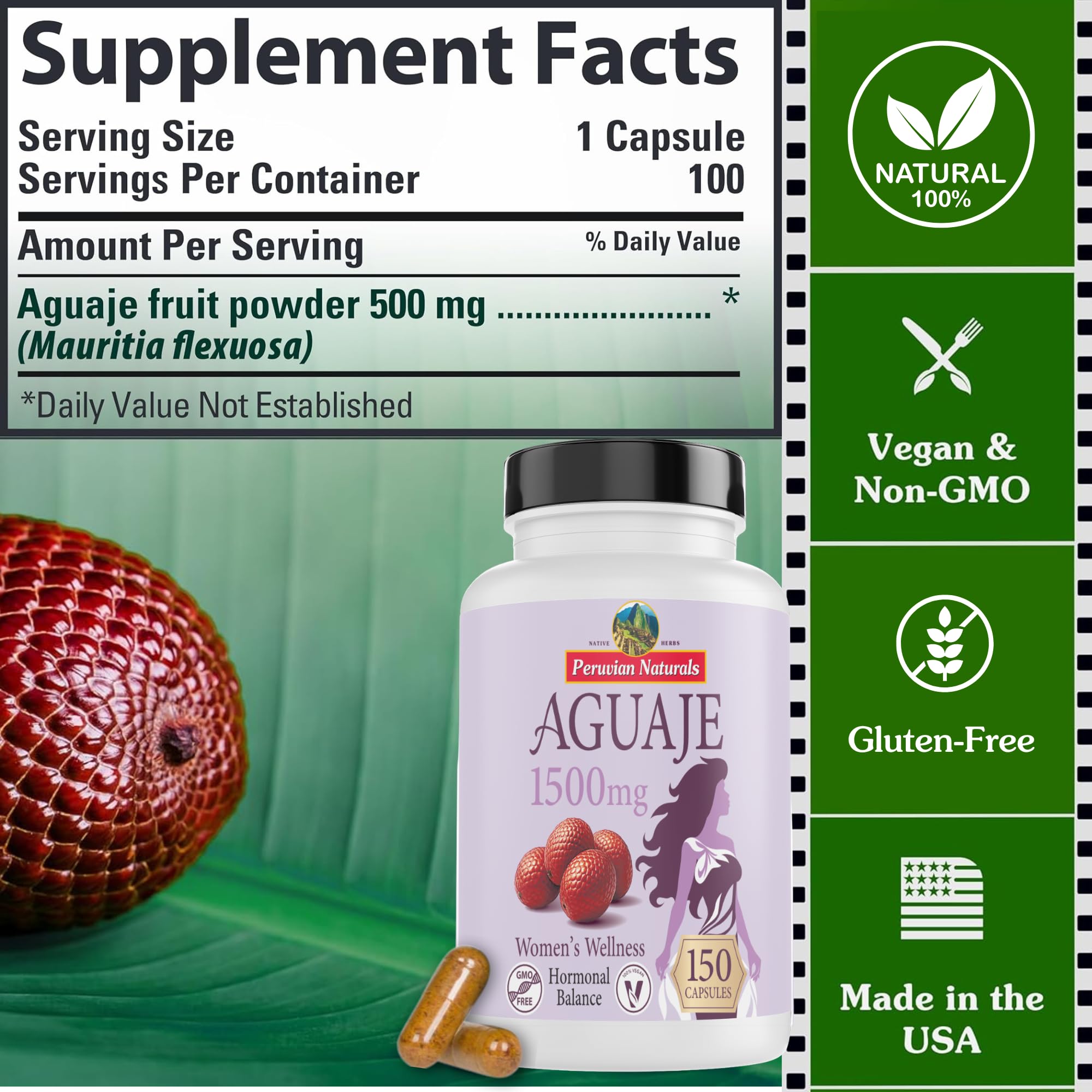 Peruvian Naturals Aguaje capsules bottle on shelf in store setting.