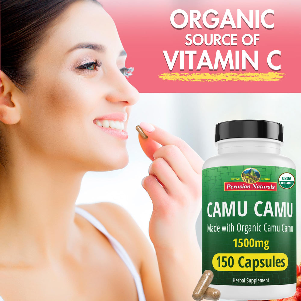 Peruvian Naturals Camu Camu bottle side, featuring vegan capsules and product details.