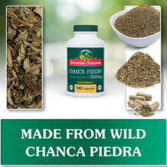 Peruvian Naturals Chanca Piedra capsules closeup on clear label highlighting natural ingredients.