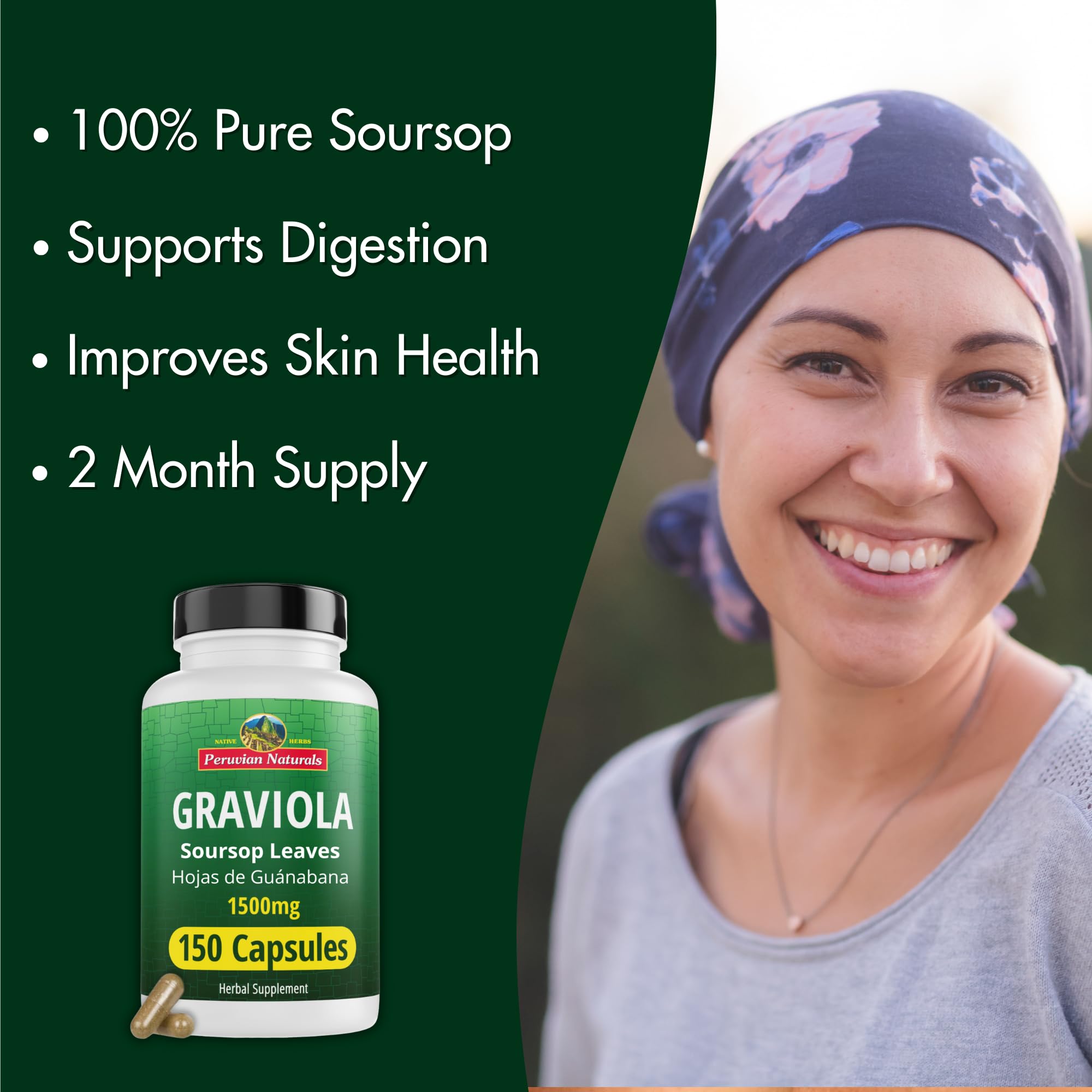 Peruvian Naturals Graviola capsules front label shows vegan, non-GMO, gluten-free purity