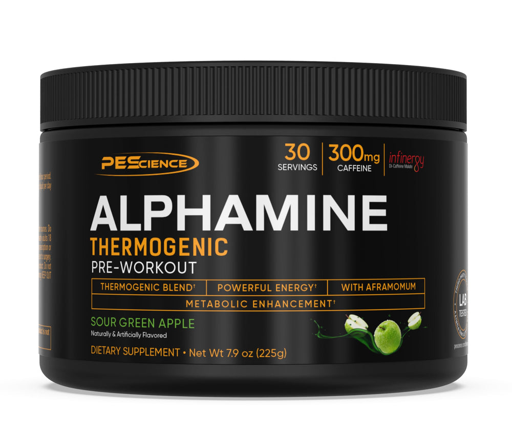 PEScience Alphamine bottle front offers clean energy to fuel focus.