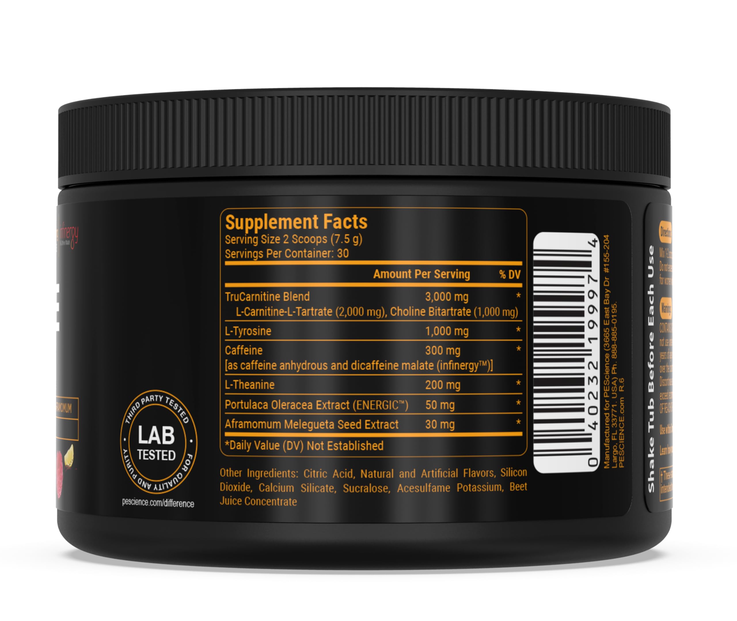 PEScience Alphamine label closeup highlights ingredients and clean energy blend.