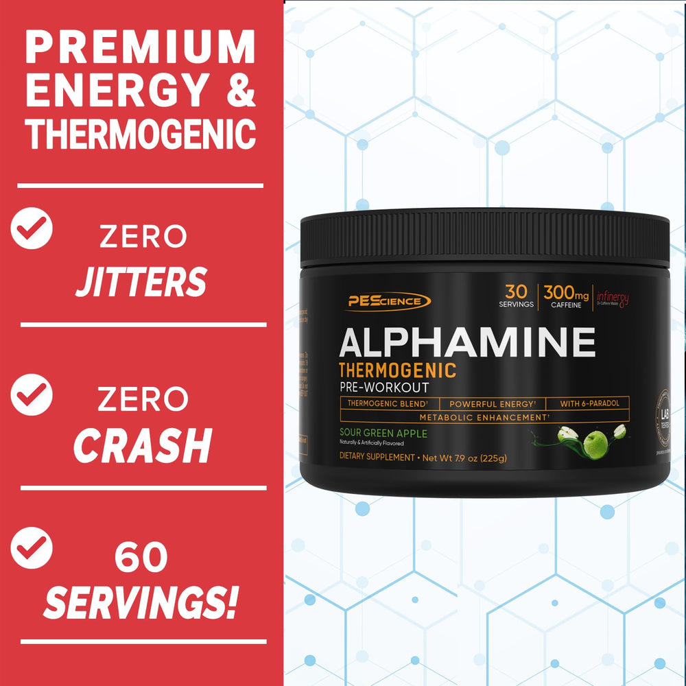 PEScience Alphamine label Sour Green Apple highlights flavor and thermogenic potential.