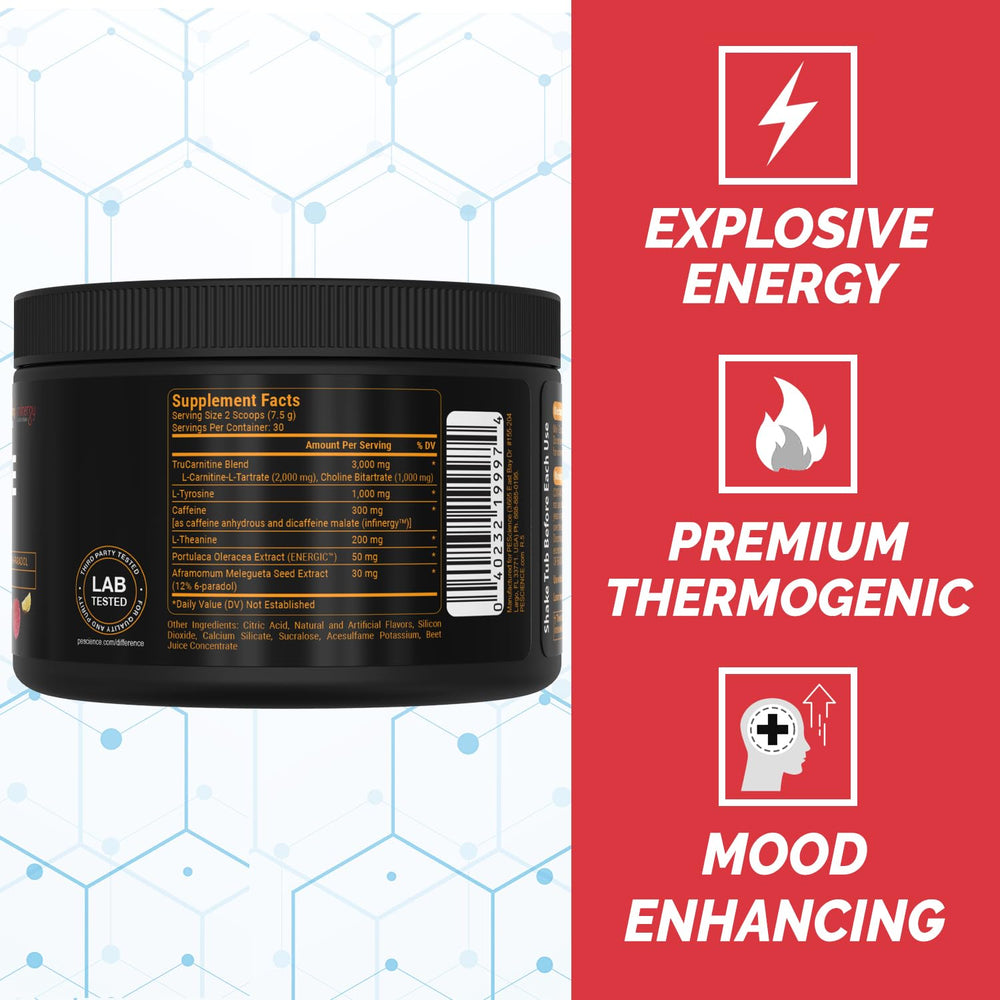 PEScience Alphamine scoops illustrate precise dosing for steady energy.