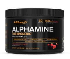 PEScience Alphamine tub closeup for focused energy during workouts.