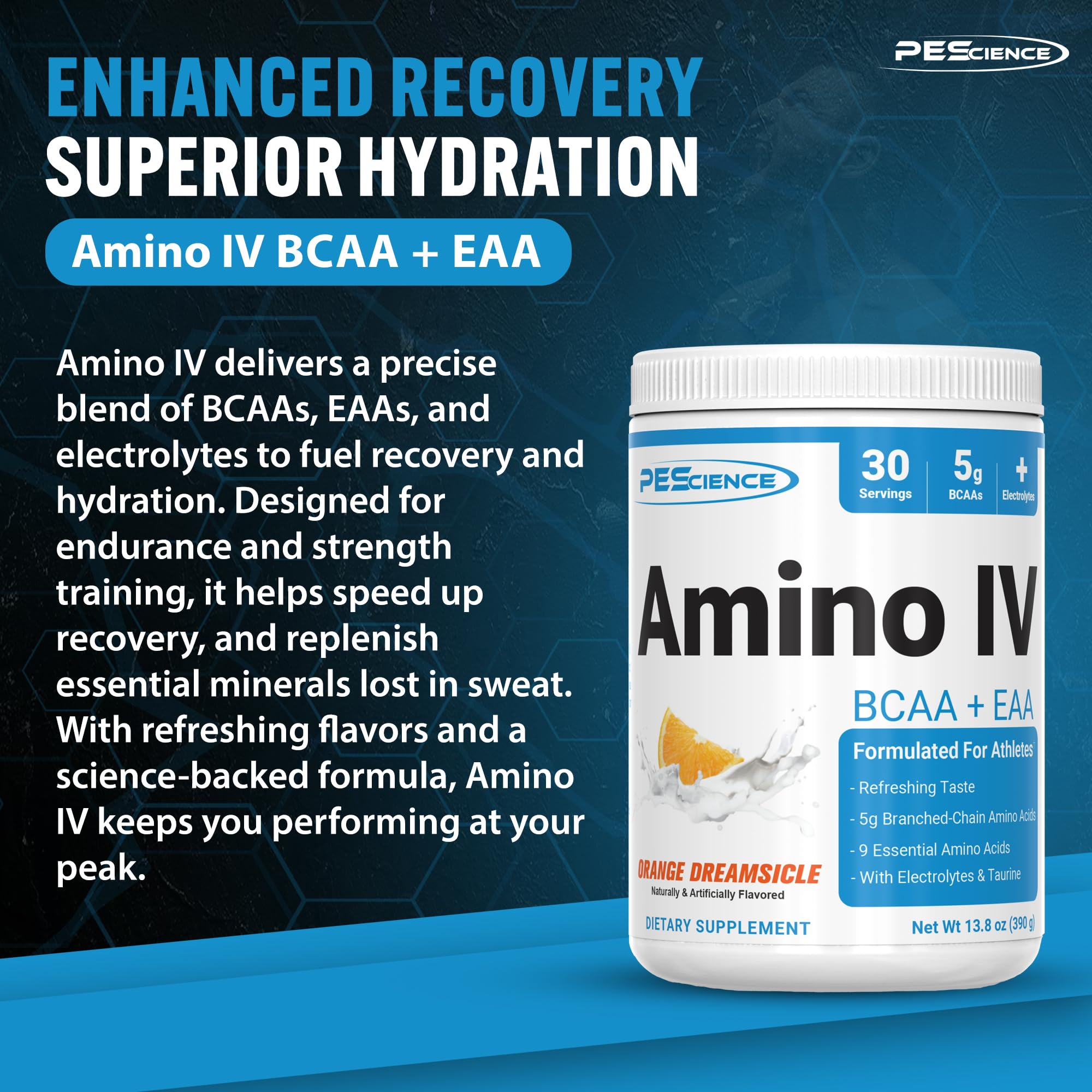 Measuring scoop beside PEScience Amino IV to portion servings precisely