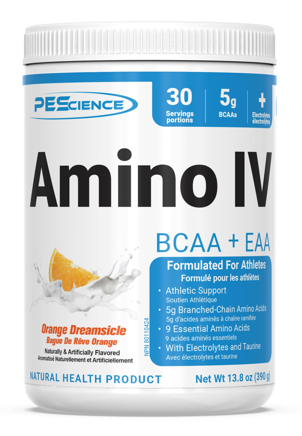 PEScience Amino IV orange bottle ready for post-workout hydration and amino support