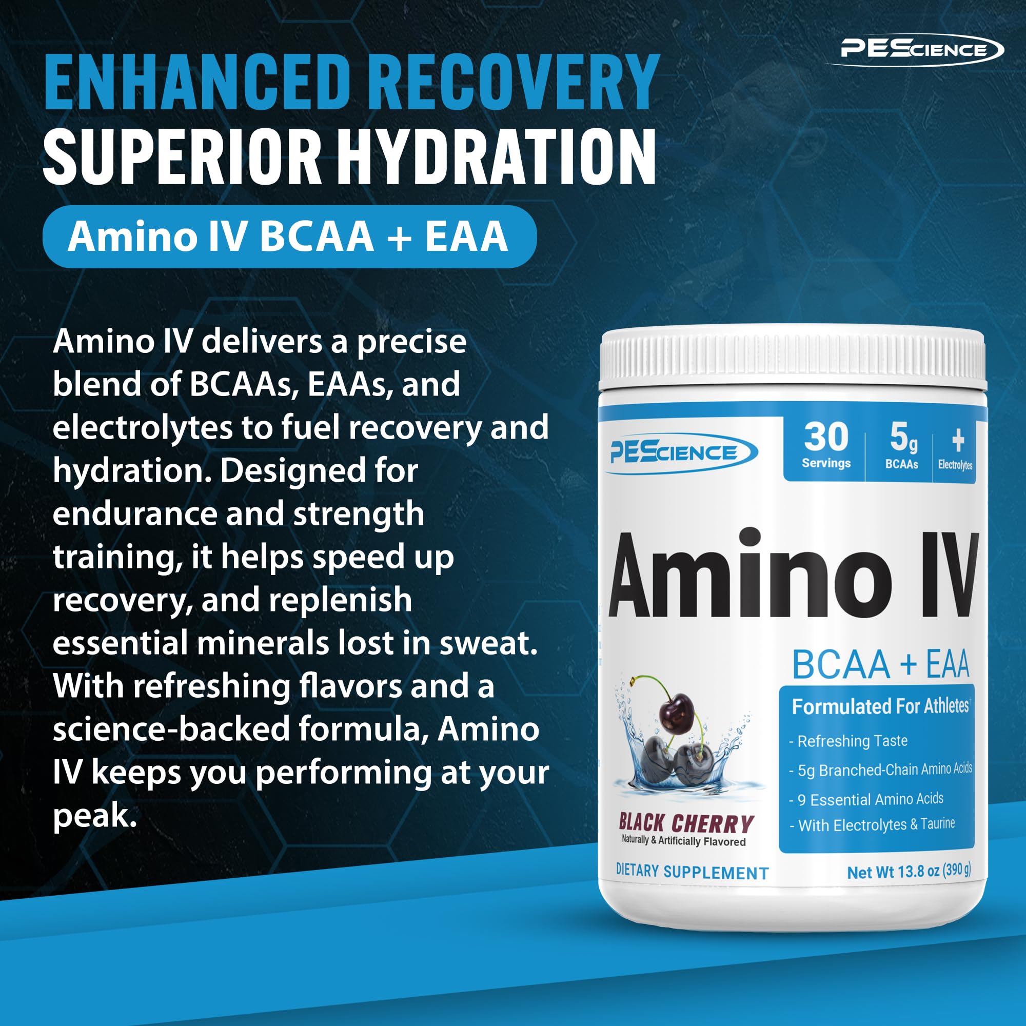 PEScience Amino IV Black Cherry powder ready for mixing