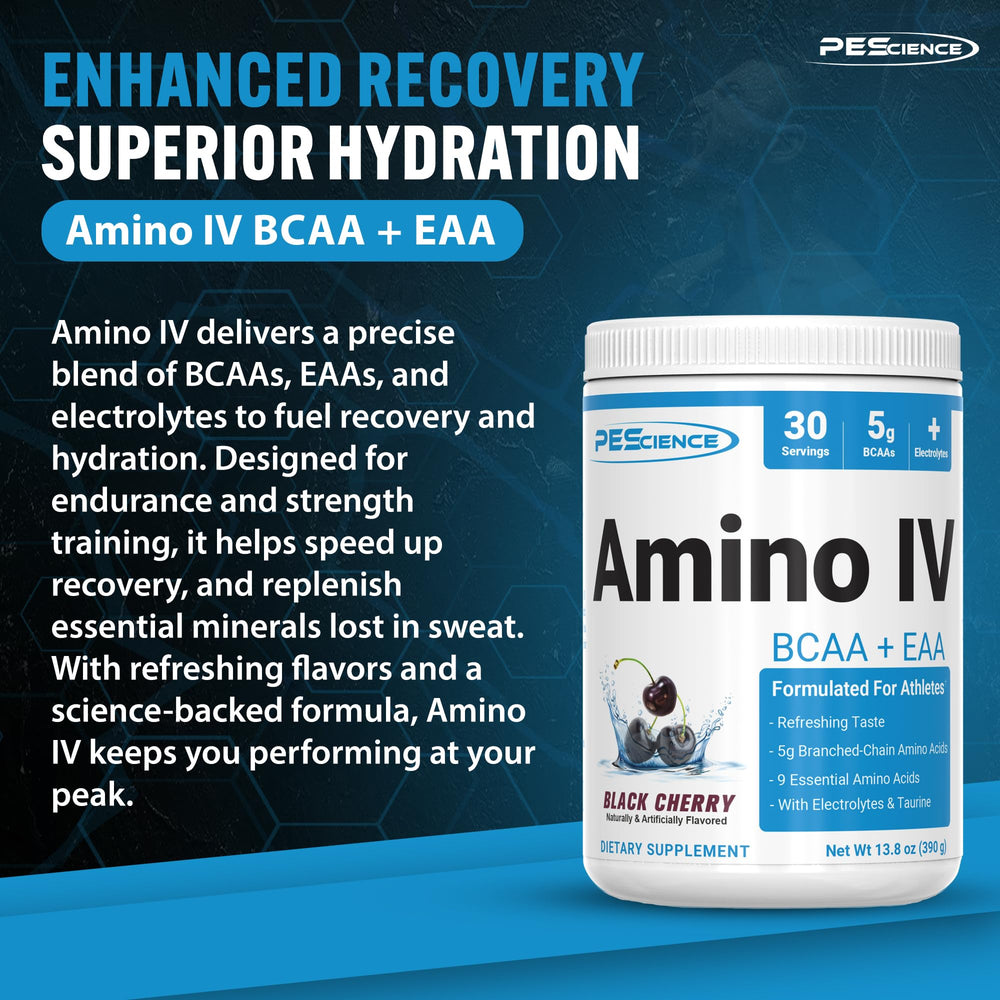 PEScience Amino IV Black Cherry powder ready for mixing