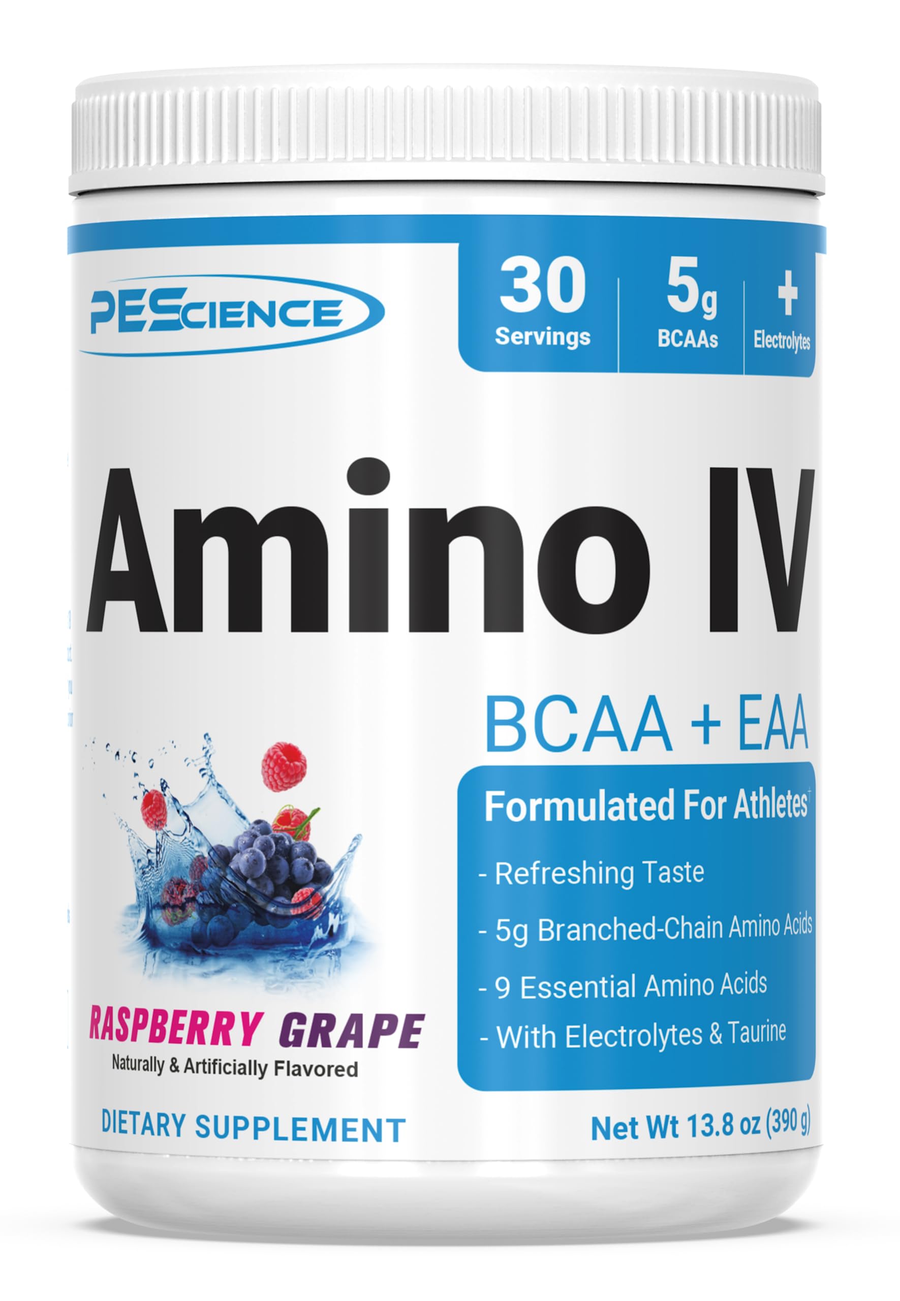 PEScience Amino IV bottle in Raspberry Grape flavor for post-workout recovery.