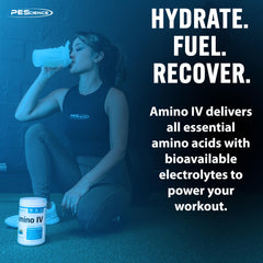 Scoop beside PEScience Amino IV bottle showing easy mix for fast absorption.