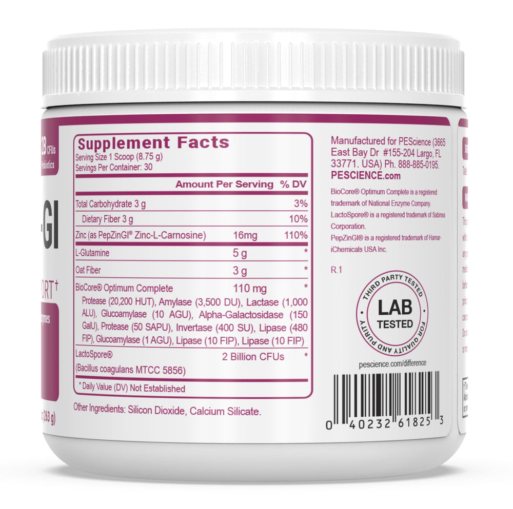 PEScience Complete-GI tub beside a glass ready to mix with meals.
