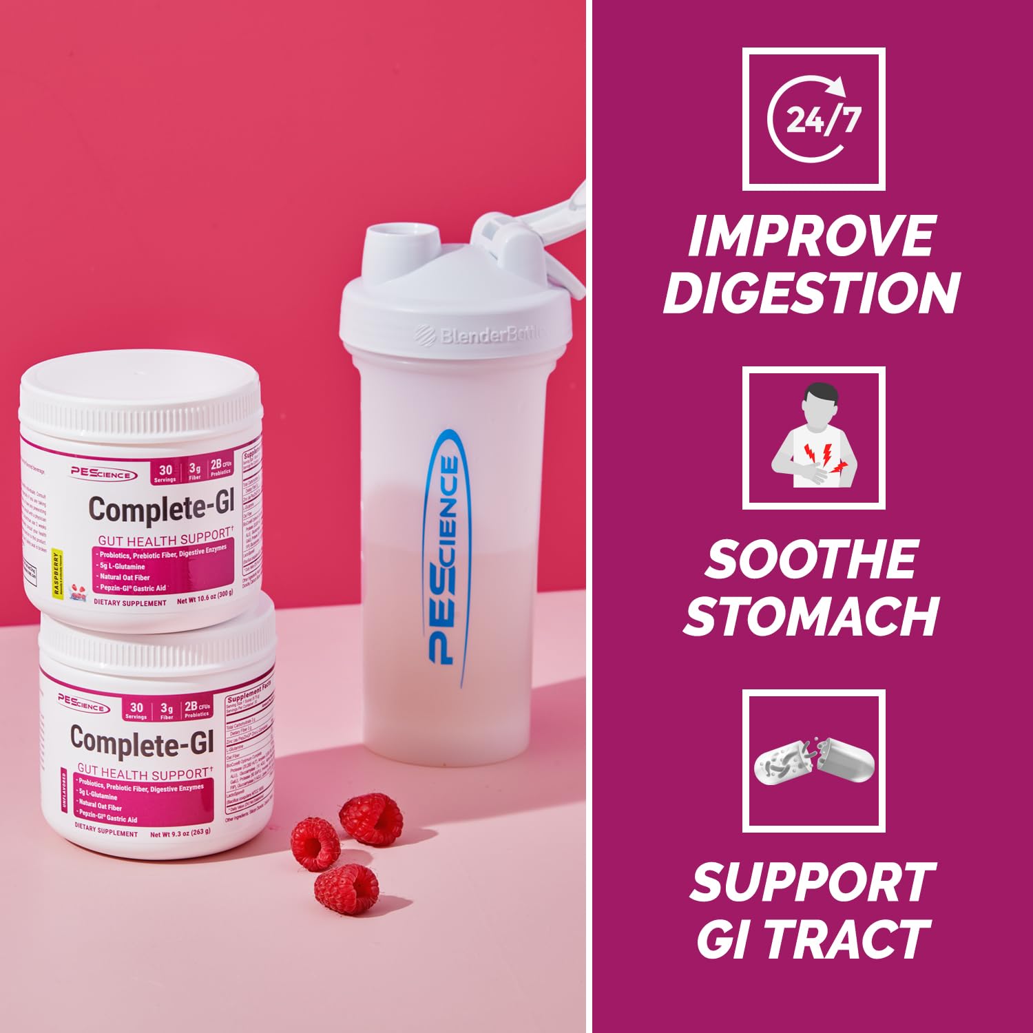 PEScience Complete-GI powder dispense demonstrates easy scoop for daily use.