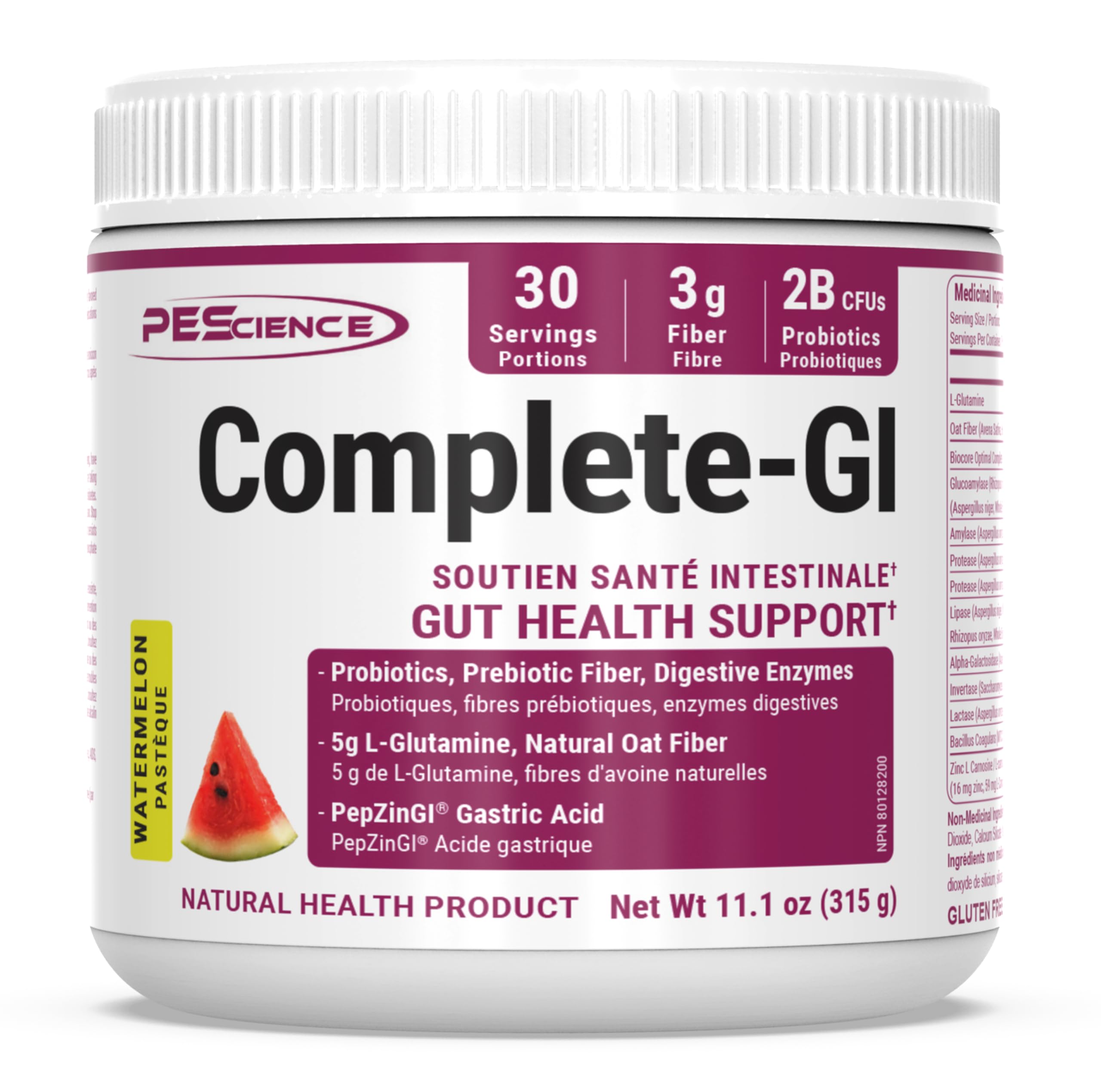 PEScience Complete-GI tub label highlights vegan, gluten-free formula for gut support.