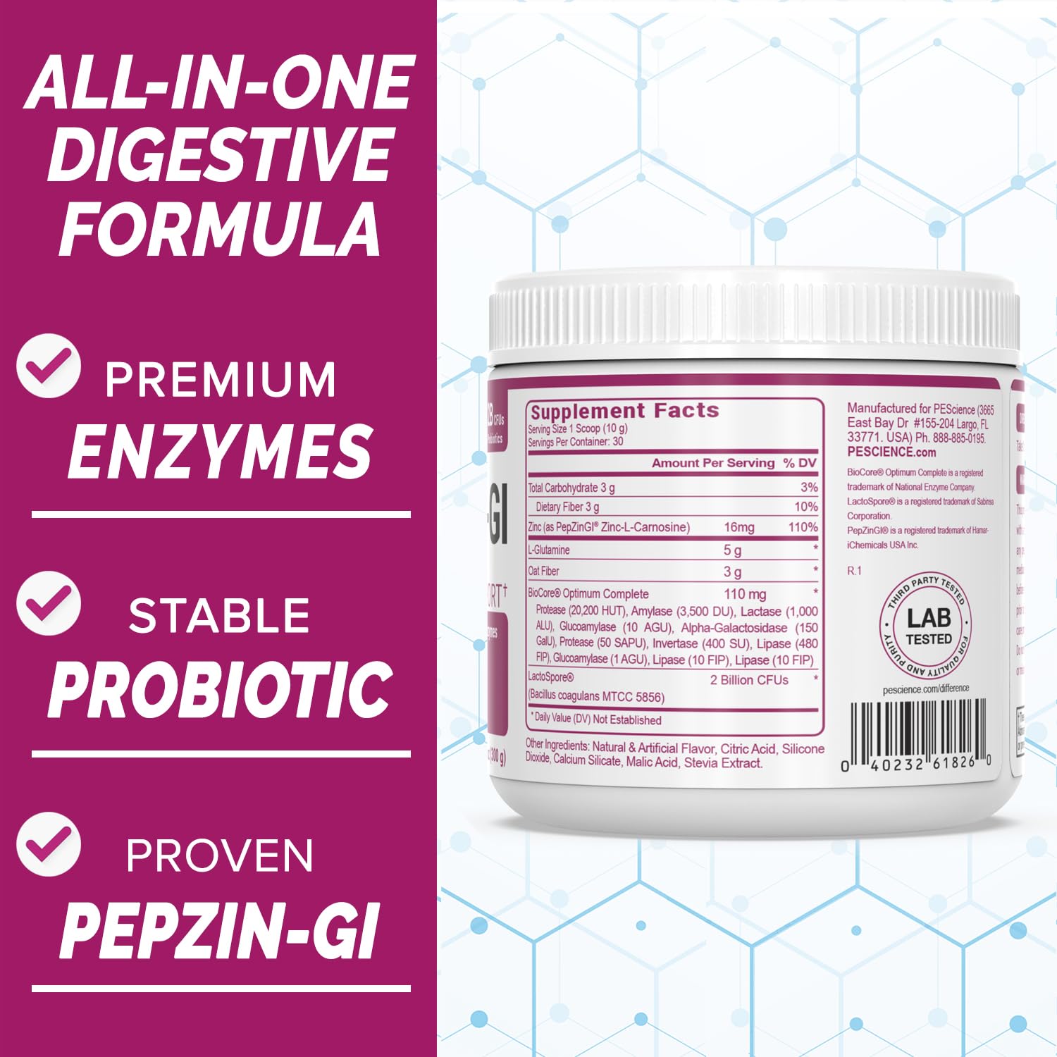 PEScience Complete-GI tub on counter ready for daily routine support.